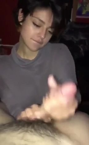 Brunette babe swallows cum after a hot handjob