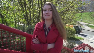 Public Agent Nervous looking woman sucks and fucks cock through a gloryhole