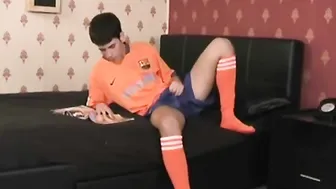 Solo Twink in Orange Soccer Socks Jerks Off and Cums