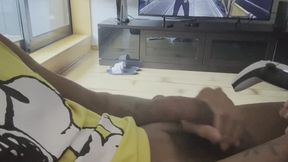 Playing video games and having fun at the end of the game.