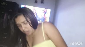 Amateur brunette with hot boobies gives a hardcore blowjob