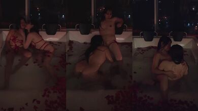 Latina besties scissor each other raw in a steamy hot tub