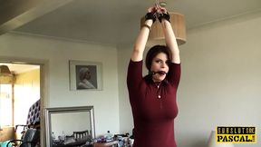 Busty redhead sub clamped and facefucked