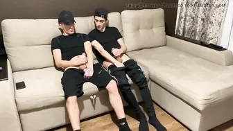 Straight twink jerks off with gay friend in sportswear before blowjob and cum swallow