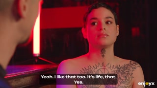 Obedient tattooed slut gets gagged and dominated by two rough guys in BDSM style