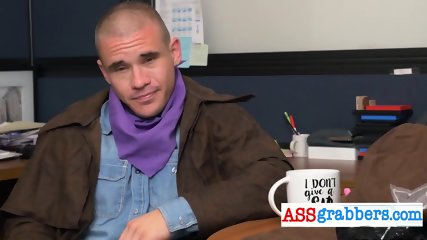 Handsome queers in costumes have fun threesome at work