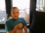 naked fapping in front of window and cumming with socks, snowy day