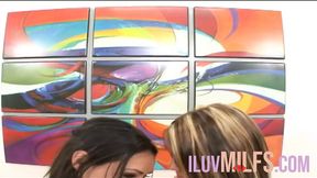 Two sexy lesbians pound each other and share a guy in a hot threesome