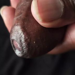 milking pre cum out of black ebony mushroom cock with close up veiny shots