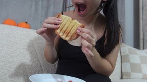 indian stepsister eats food and has food orgasm she really loves to eat and talks about how much she loves to eat then she looks at her belly and sees that she is fat so she feels fat but she still loves the food and