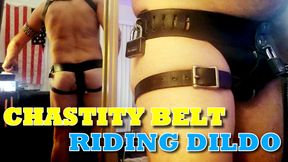 Unlocking Leather Chastity Belt Holding in Big Toy to Bounce on Dildo