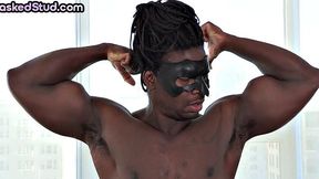 Solo masked Ebony jock masturbates with toy and cums