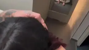 Goth GF gives sloppy blowjobs and sprays all over his massive cock