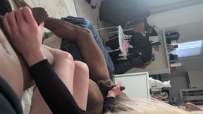 A Pretty Sissy Enjoys Herself with Two Big Black Dicks Before Drinking the Hot Sperm.