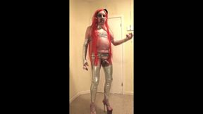 Red haired slut in silver leggings