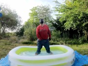 Baggy Pup cooling down in pool (with sneakers and cumshot)