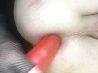 Shemale banging herself with the large red sex tool Bizarre anal defiance