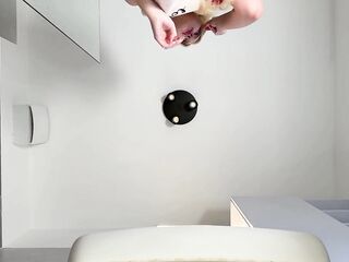 Sexy gal cute golden-haired horny angel in pink panties and with a satin nightie does the bathroom routine in advance of plan to the couch