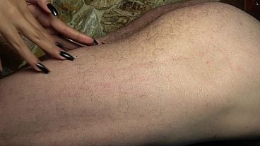 Scratching his muscles and long hair legs and his big hairy butt