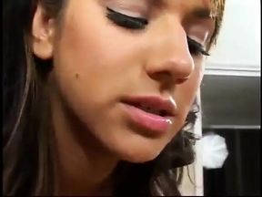 Beautiful and starving well shaped brunette whore fucking big cock