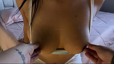 Amateur Latina wife with tiny tits and fishnet lingerie enjoys first-time
