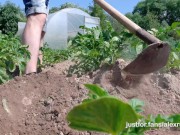 A village teen jerks off his big cock in a potato field in public