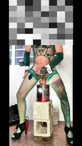 Cute Green Stocking Shemale Outdoor Exhibition Jumping Insight Dildo Anal