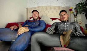 muscle bodybuilder heroes cosplay showing off fat cock