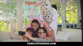 Guy in a rabbit costume risky fucked tiny brunette on her birthday while her parents were in a house