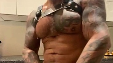 Latino gay pornstar in harness and leather panties in the kitchen fingering my cock - VIKTOR ROM -