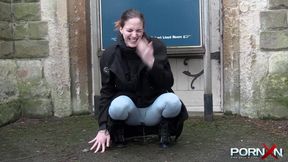 Curvy brunette pees in public, cute and panting