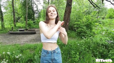 Cute Stepsister teases with her boobs outdoor. I had to fuck her right on the rock.