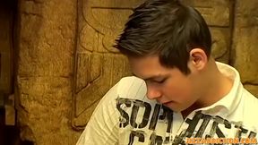 Horny youngster Cristian cums in a glass while wanking