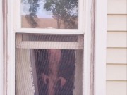 Neighbor Twink using dildo on ass and mouth in window