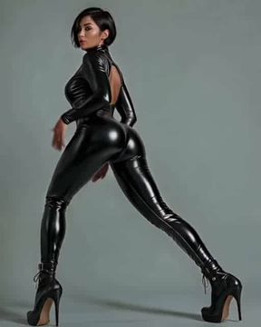 Hot AI Generated Asian Woman Asa Inkei Hikinobashi-ki posing in Sexy Shiny Black Latex Outfit
