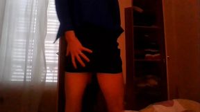 Crossdresser enjoying my wife'_s new sexy secretary dress and blue blazer