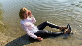 Wetlook in the River! Sheer Shirt and No Bra!