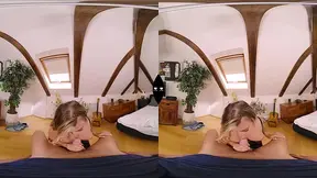 Busty blonde stunner gives a POV oral and takes a stiff smash in cowgirl position