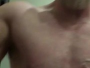 Flexing muscle then shooting a load cum over my big Daddy pecs