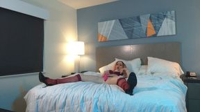 hot blonde crossdresser rubs pussy in female body suit