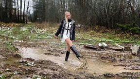 Authentic Christian Dior knee boots in mud and swamp, high heels boots in mud, Dior boots in mud, wrecked boots