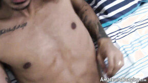 ”Inked dark skinned amateur sticks dildo on wall to play”