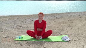 Doing Yoga Stretching Nerby Beautiful Lake