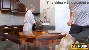 SISPORN Blonde has sex with stepbro after giving him a sneaky blowjob