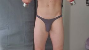 Home Workout and Foot Tease Muscle Poses Wearing Cock Thong