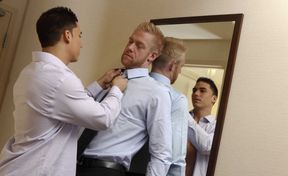 Suited man share hotel room for something unexpected