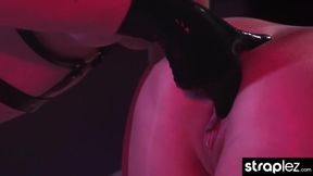 Petite Blonde Bound and Gushing on Domme's Huge Strapless Dildo