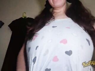 Katty Milk plays and shakes her massive natural melons in front of the camera