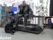 Caged rubber gimp worships leather Master's boots PREVI