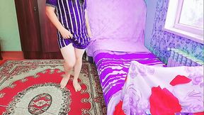 Sissy dressing up slowly in pastel-colored bedroom